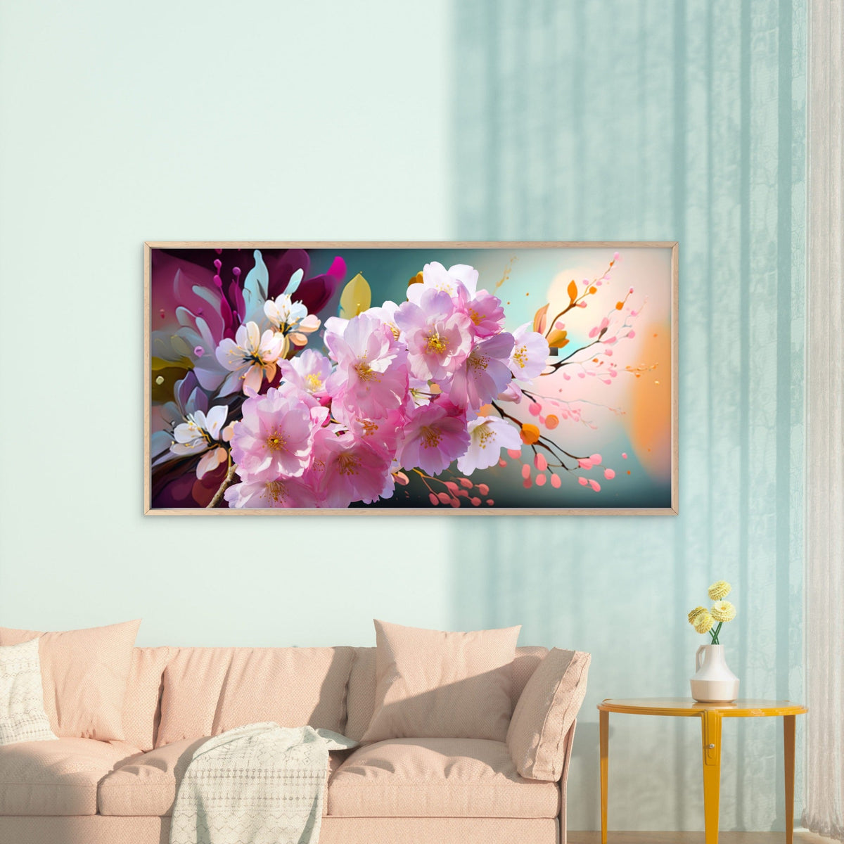 Pink Cherry Blossom Painting Wall Art Canvas Office Home Room Framed 80x45cm