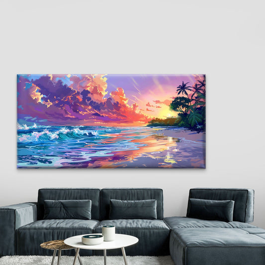 Sunset Beach Pixelated Wall Art Canvas Office Home Room Framed 80x45cm