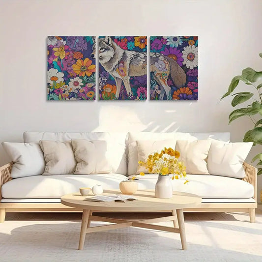 3pcs Vibrant Nature with Majestic Gray Wolf Colorful Flowers Metal Print Ready to Hang Art