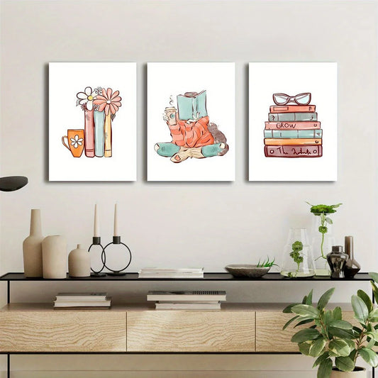 3pcs Books and flowers graphic art Classic Design Metal Print Ready to Hang Art
