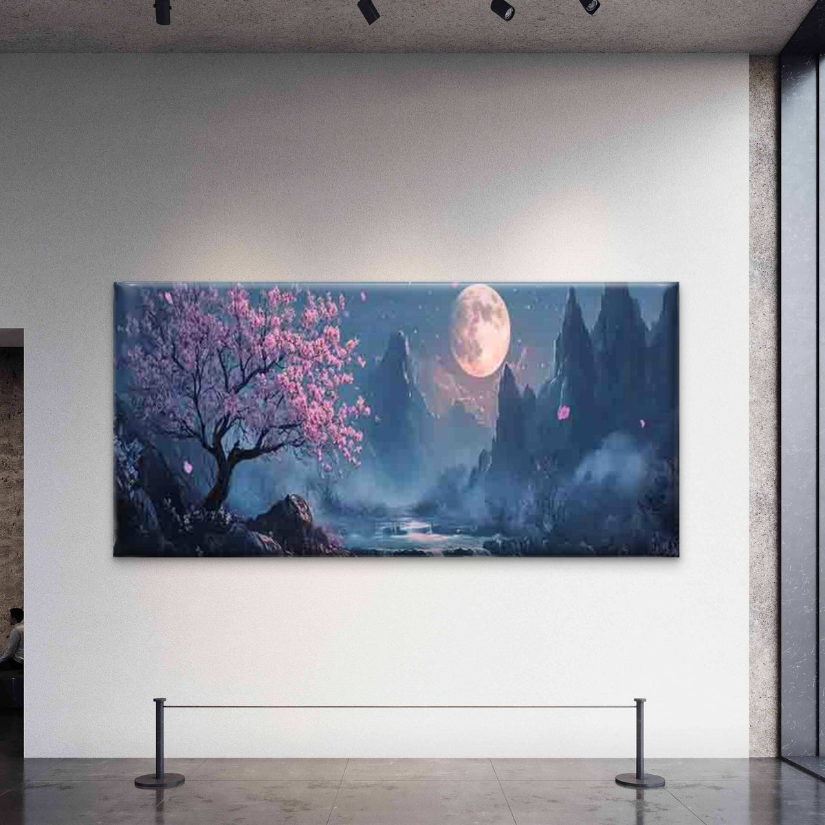 Asian Full Moon & Orchid Tree Wall Art Canvas Office Home Room Framed 80x45cm