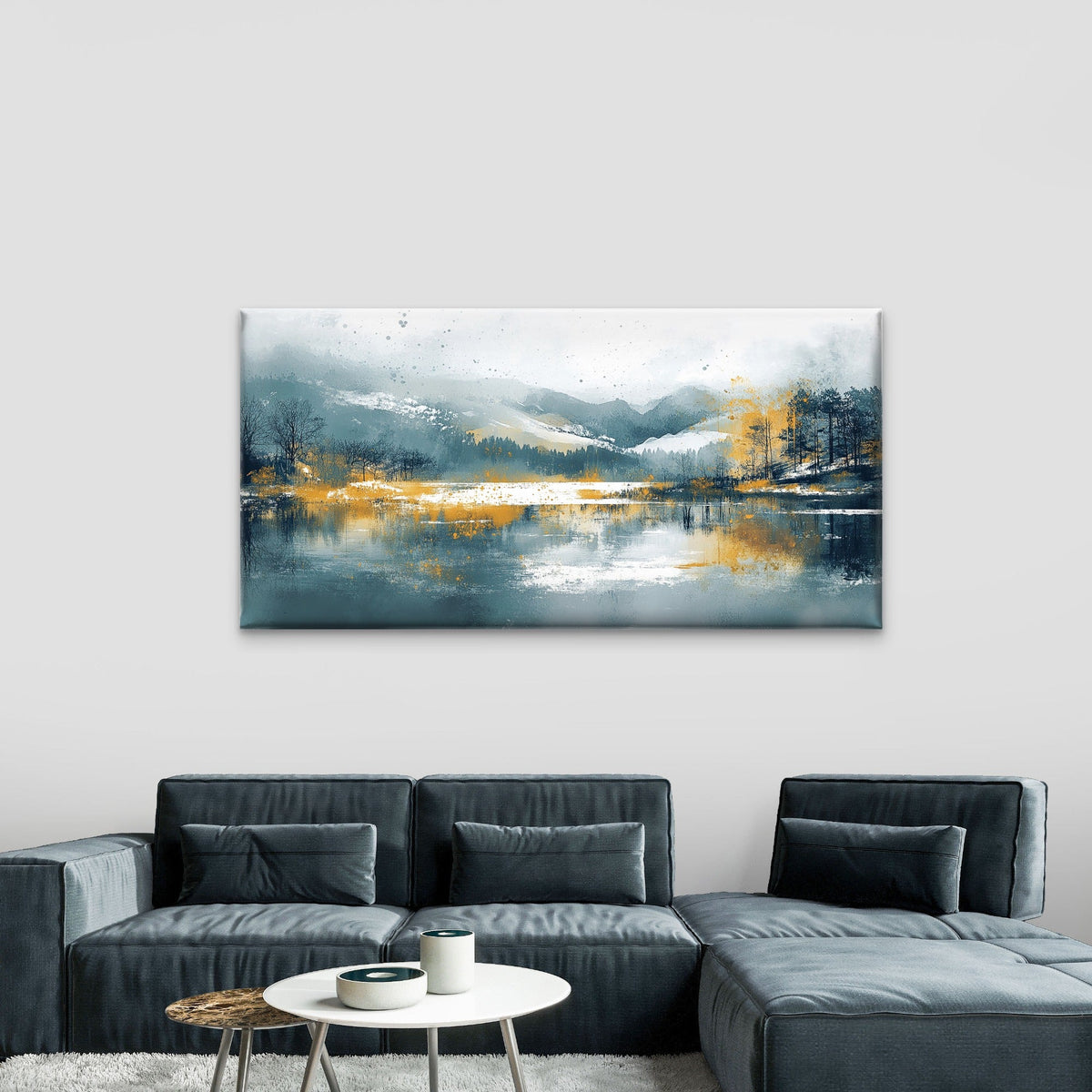 Mountain Lake Blue Grey Yellow Wall Art Canvas Office Home Room Framed 80x45cm