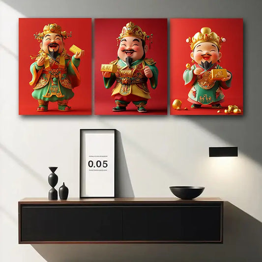 3pcs Cute Deity of Wealth Design Metal Print Ready to Hang Art