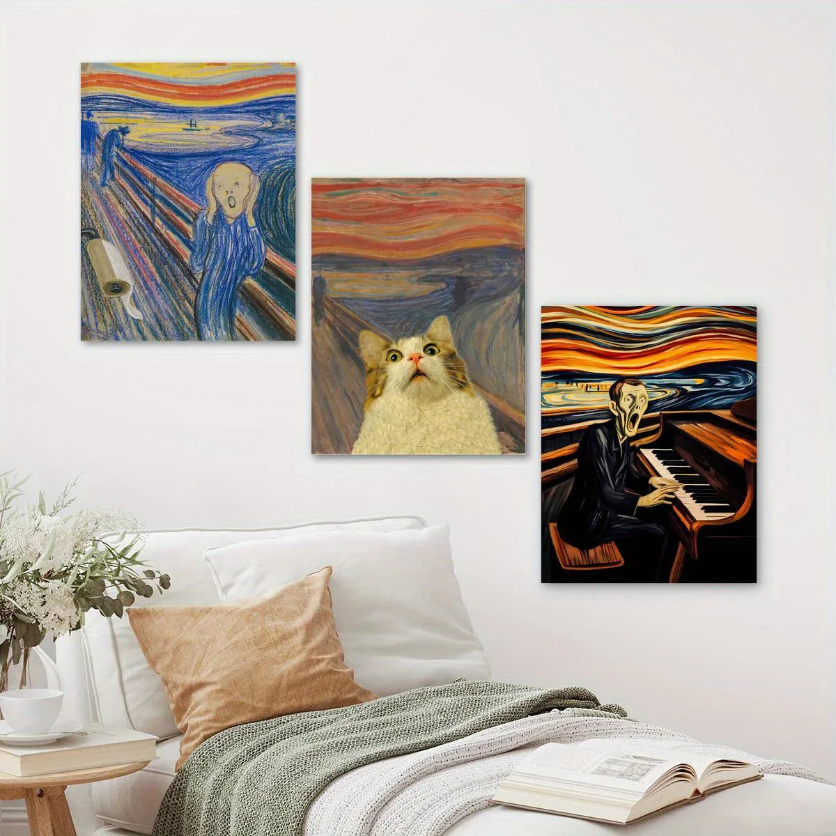 3pcs Man Screaming Holding His Head, Frightened Cat Metal Print Ready to Hang Art