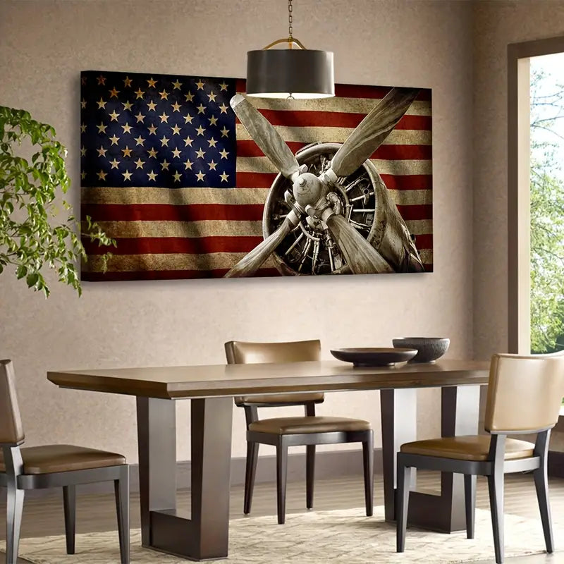 Vintage American Flag Airplane Propeller Wall Art canvas office home room framed 120x60cm