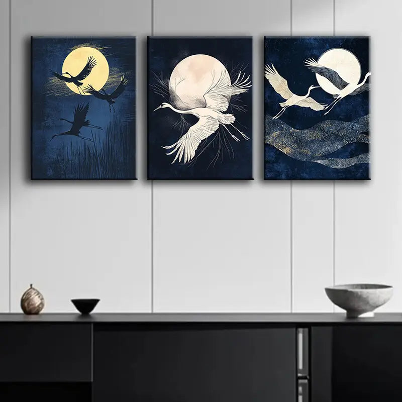 3pcs Cranes Fly Under the Moon Metal Print Ready to Hang Art