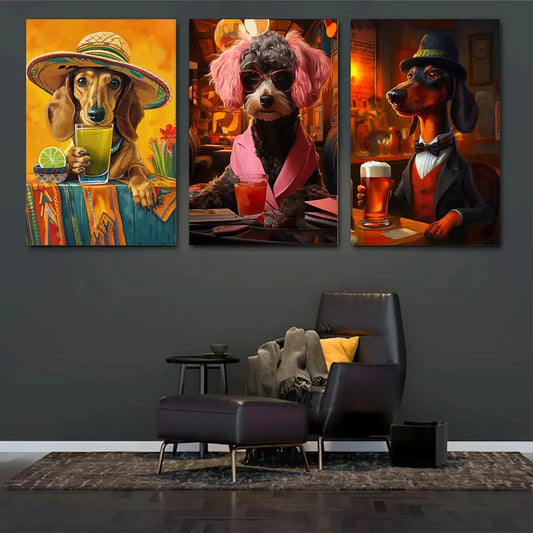 3pcs Stylish Dogs with Drinks Fun Outfits with Roostertails Metal Print Ready to Hang Art