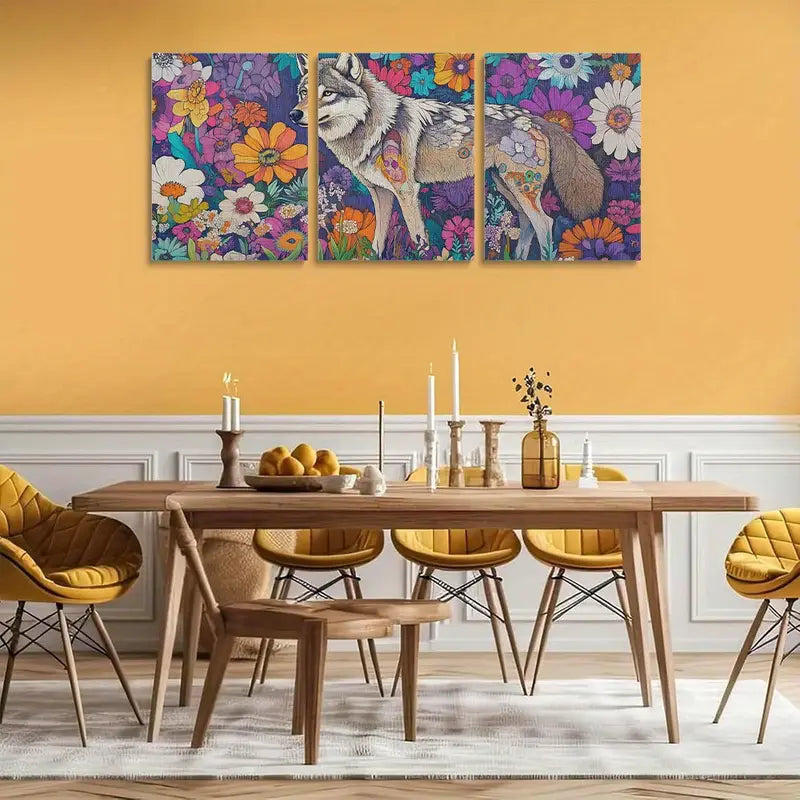 3pcs Vibrant Nature with Majestic Gray Wolf Colorful Flowers Metal Print Ready to Hang Art
