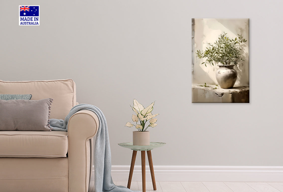 Vintage Sun Lighted Potted Green Plant Print 100% Australian Made 40x60cm Stretched Canvas Ready to Hang