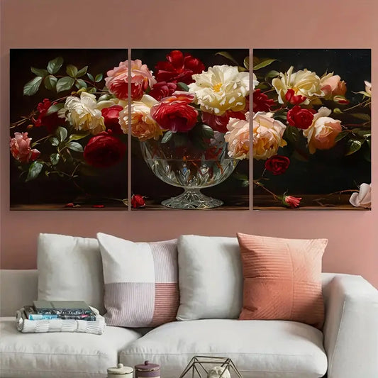 3pcs Vintage White Red Roses Floral Metal Print Ready to Hang Art