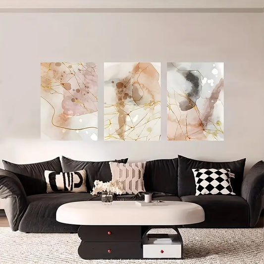 3pcs Abstract Splatter Ink Gold Pink Metal Print Ready to Hang Art