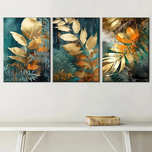 3pcs Featuring Natural Plant Gold Leaves Metal Print Ready to Hang Art