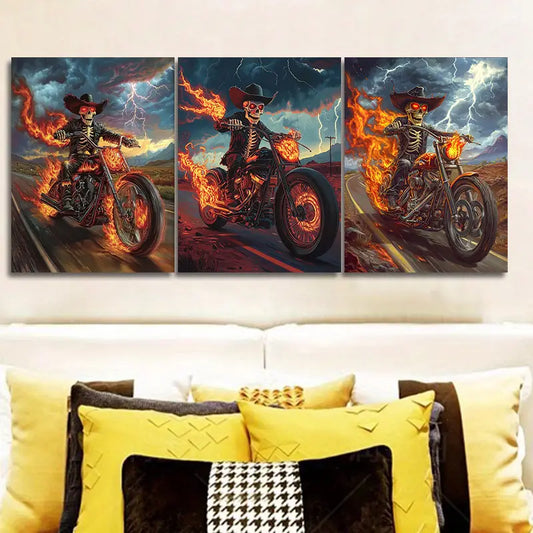 3pcs Skeleton on a motorcycle Metal Print Ready to Hang Art