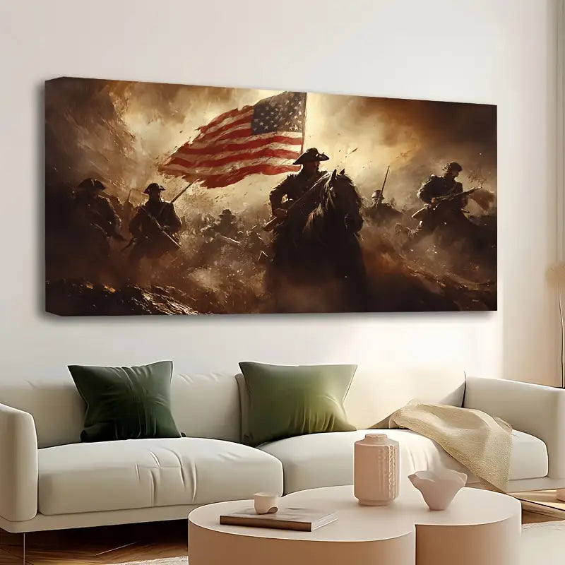 American Revolutionary War Patriotic with Soldiers & Flag Battle Scene Wall Art wall canvas office home room framed 80x45cm