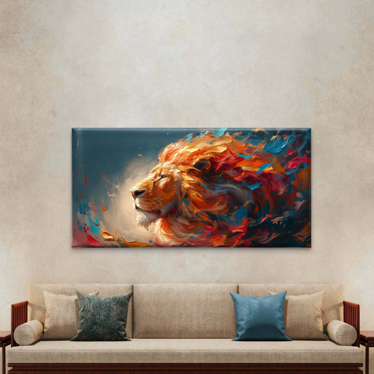Majestic Lion In Vibrant Colors Wall Art Canvas Office Home Room Framed 80x45cm