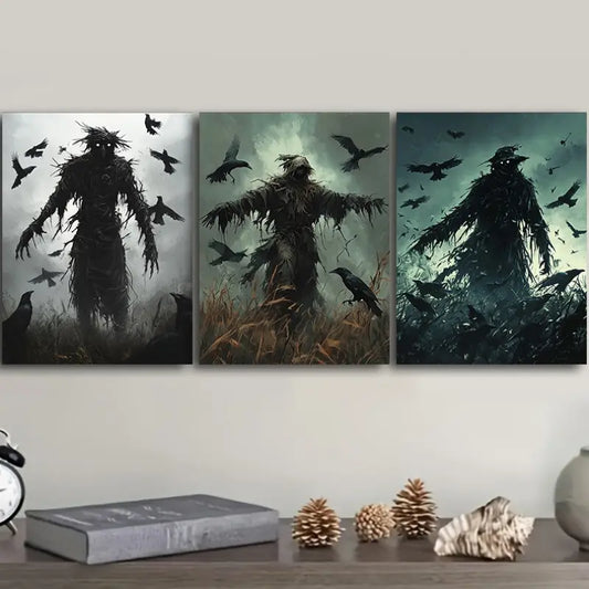 3pcs Featuring a Scarecrow Amidst Crows Metal Print Ready to Hang Art
