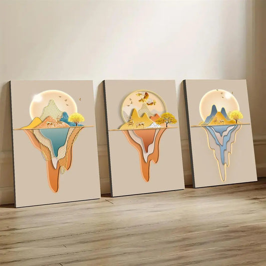 3pcs Golden Leaves, Flowers & Deer Patterns with Palm Leaves Metal Print Ready to Hang Art