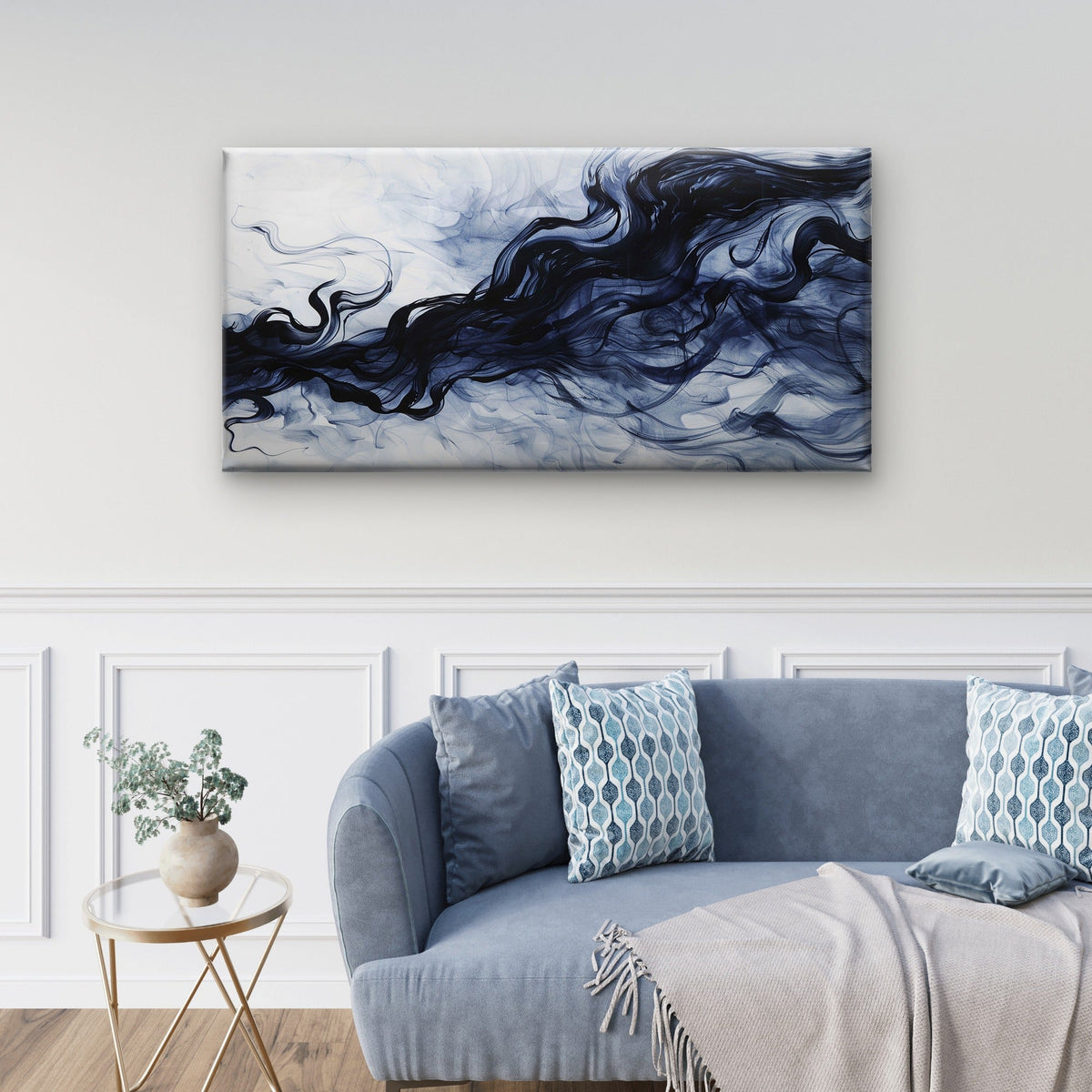 Navy Blue Ink Smoke Wave Wall Art Canvas Office Home Room Framed 120x60cm