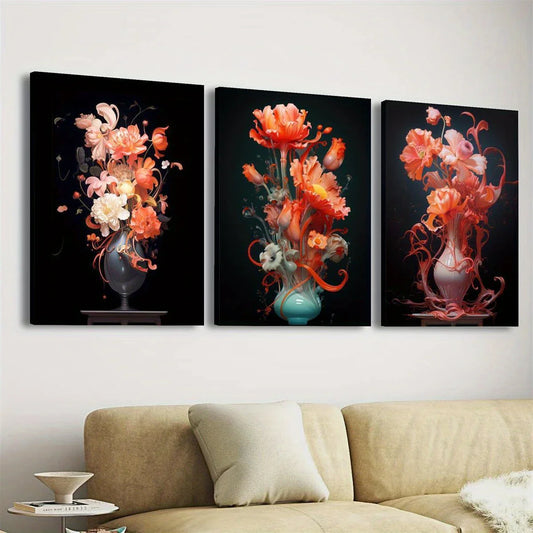 3pcs Abstract Botanical Floral Vase, Flowers Metal Print Ready to Hang Art