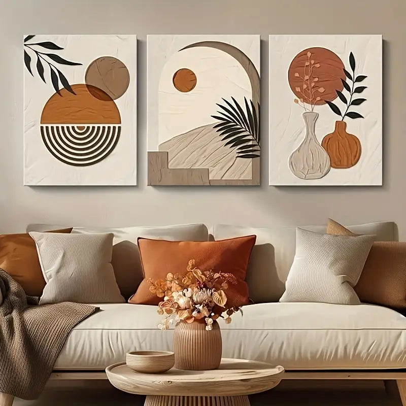 3pcs Bohemian Style Beige and Orange Abstract Metal Print Ready to Hang Art