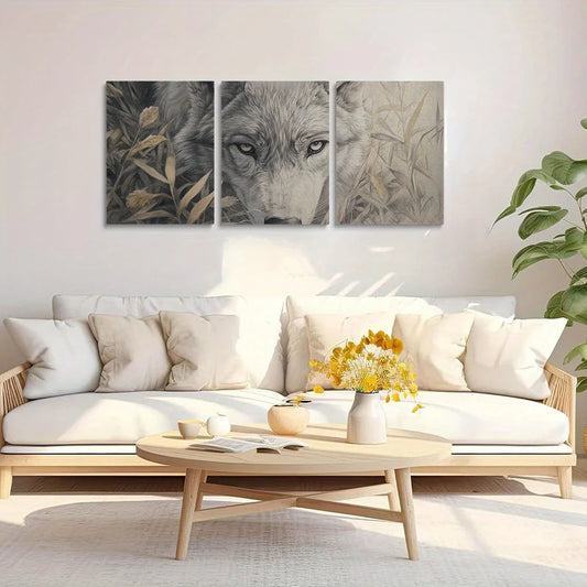 3pcs Wolf A close-up of the face and eyes Painting Metal Print Ready to Hang Art