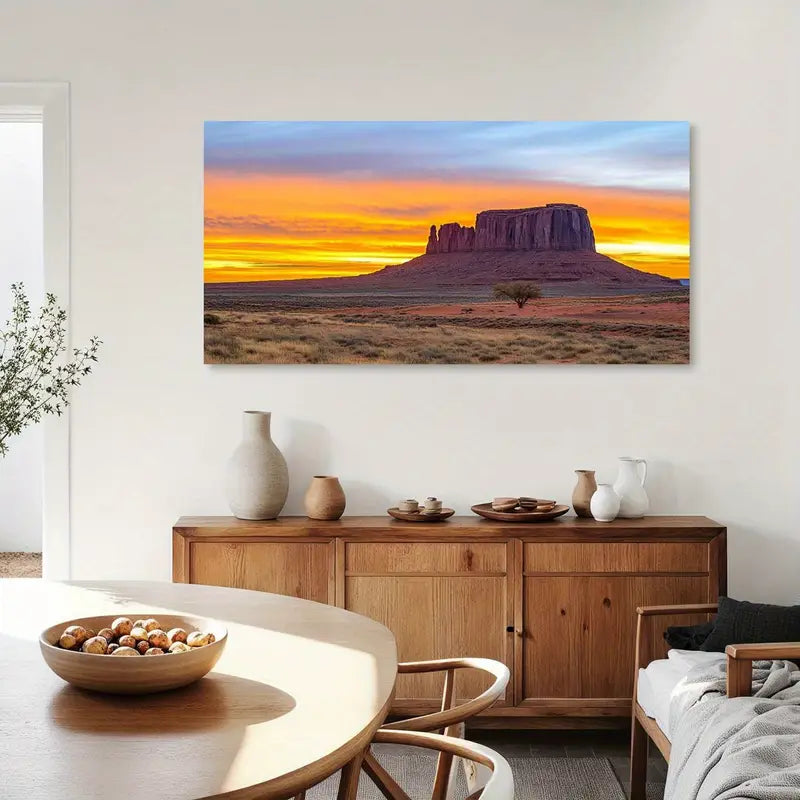 Desert Sunset Dawn Scenery Lone Tree & Rock Formations Vibrant Orange Yellow Blue Sky Wall Art canvas office home room framed 120x60cm