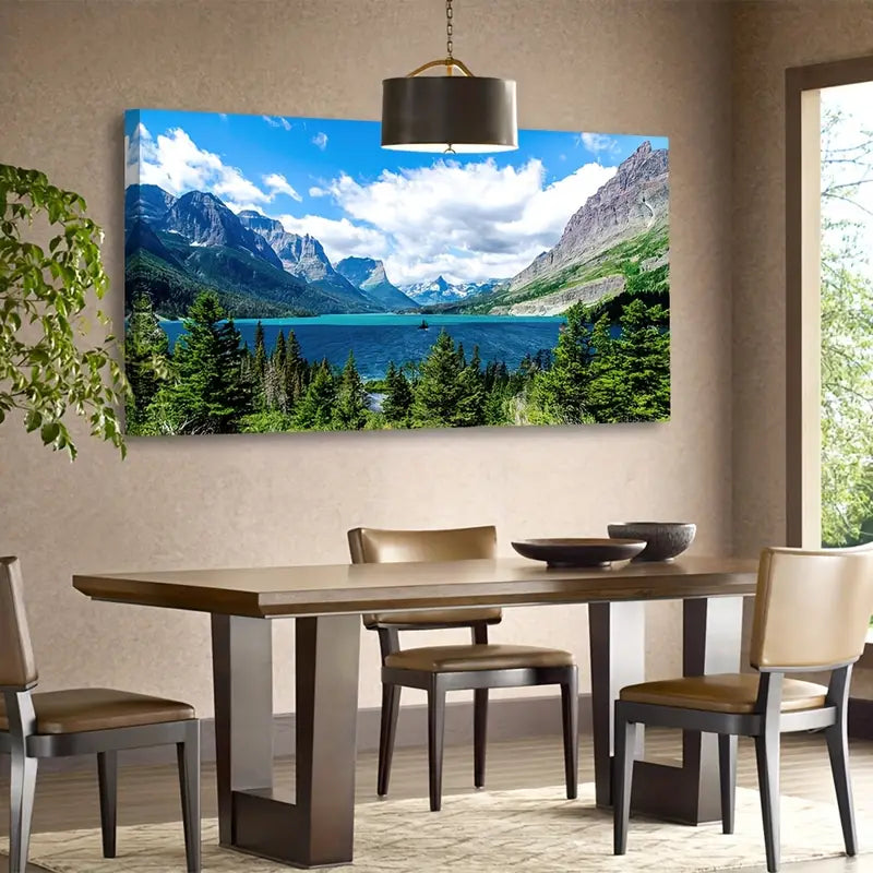 Saint Mary Lake Mountain Green Forest Blue Sky Wall Art canvas office home room framed 80x45cm