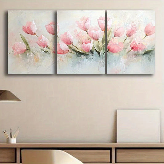 3pcs Watercolor beautiful painting of pink tulips Metal Print Ready to Hang Art