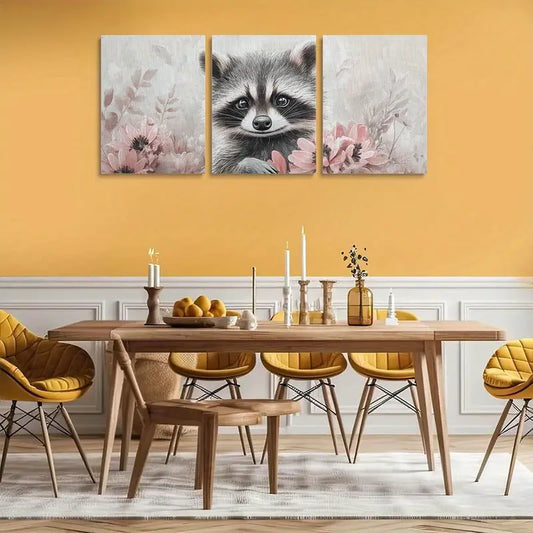 3pcs Cute raccoon surrounded by pink flowers Metal Print Ready to Hang Art
