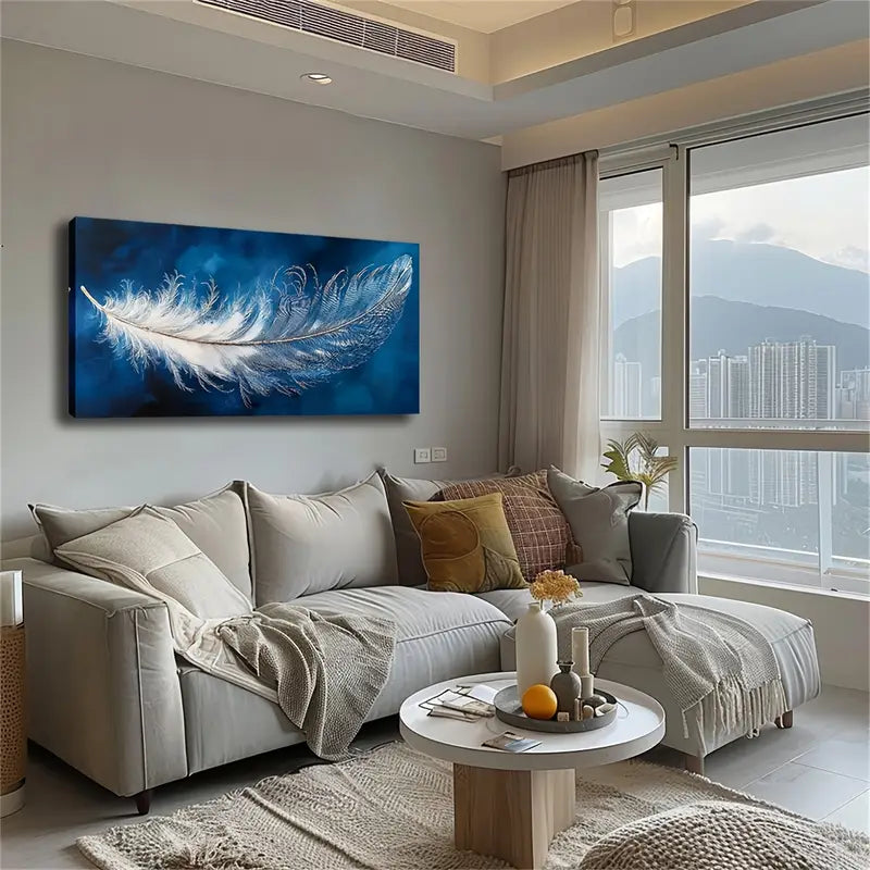 Feather Modern Minimalist Blue Wall Art Canvas Office Home Room Framed 120x60cm