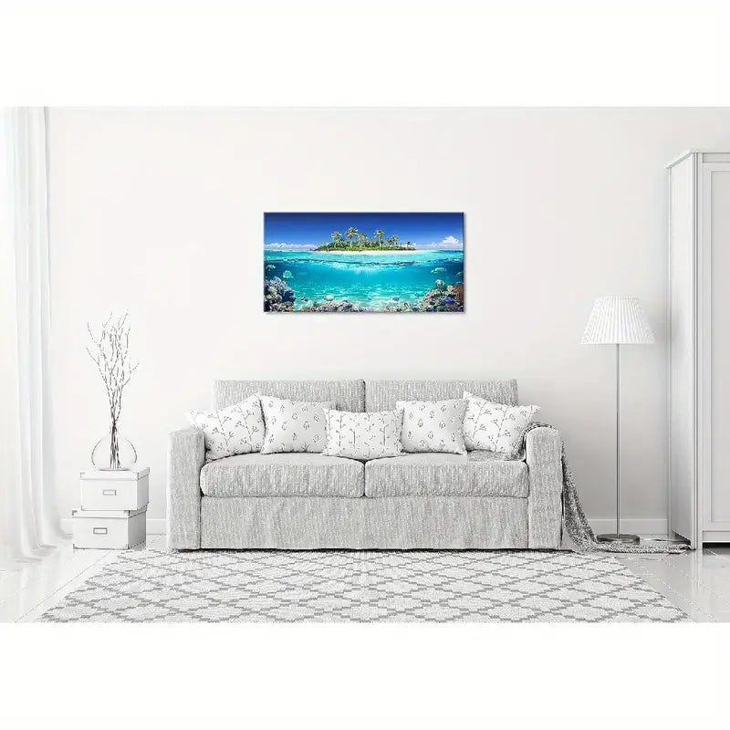 Vibrant Tropical Oceanic Split Waterline Scenery Palm Trees & Coral Reefs Wall Art canvas office home room framed 120x60cm