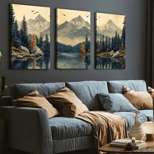 3pcs Ready to Hanging, Modern Wind Natural Forest Mountain Scenery Nature Wall Art Set Canvas Framed 40x60cm - High Quality Print 100% Australian Made Wall Canvas Ready to Hang