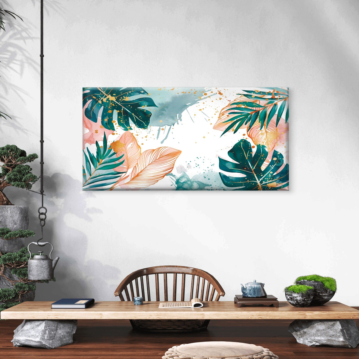 Boho Tropical Monstera Palm Leaf Wall Art Canvas Office Home Framed 80x45cm