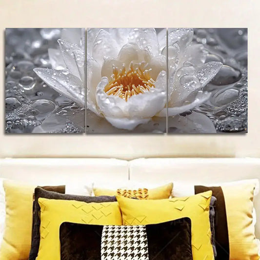 3pcs Featuring White Lotus Flowers Metal Print Ready to Hang Art