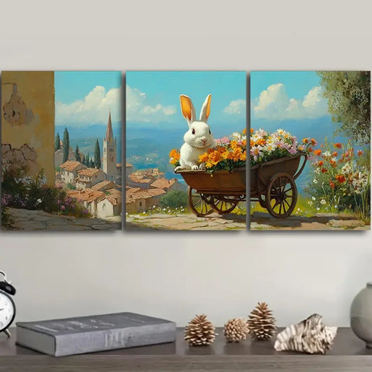 3pcs Pieces Showcasing a Rabbit with a Wheelbarrow Metal Print Ready to Hang Art