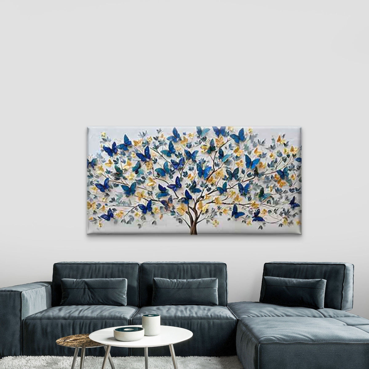 Blue & Golden Tree Wall Art Canvas Office Home Room Framed 80x45cm