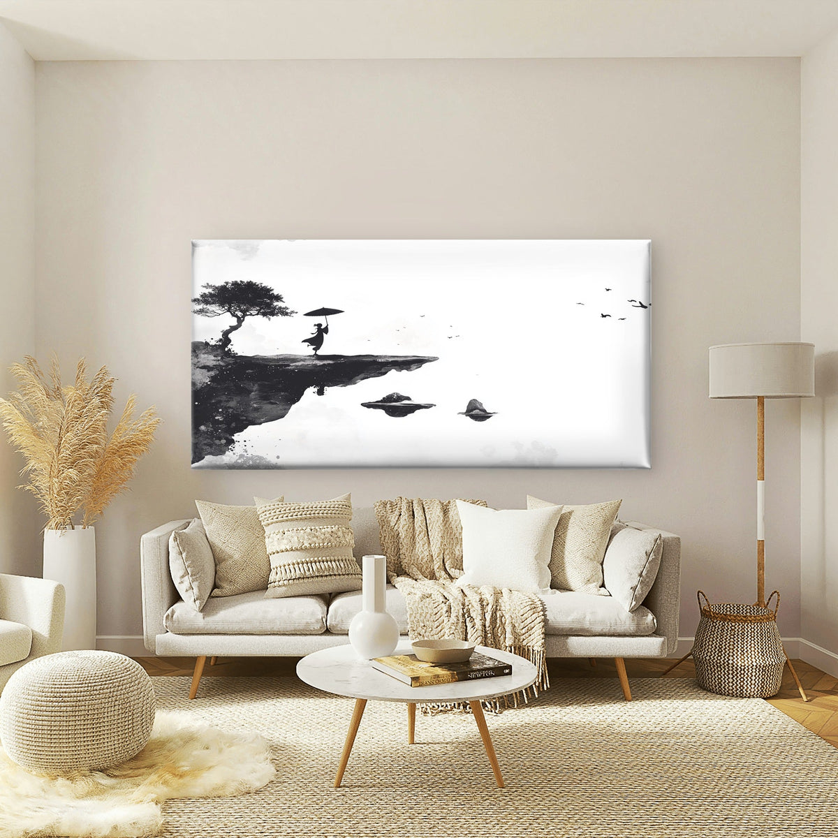 Zen Ink Cliffside Silhouette Wall Art Canvas Office Home Room Framed 80x45cm