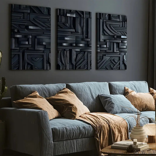 3pcs Dark Style Modern Fashion Abstract Art Geometric lines Wall Art Set Canvas Framed 40x60cm - High Quality Print 100% Australian Made Wall Canvas Ready to Hang