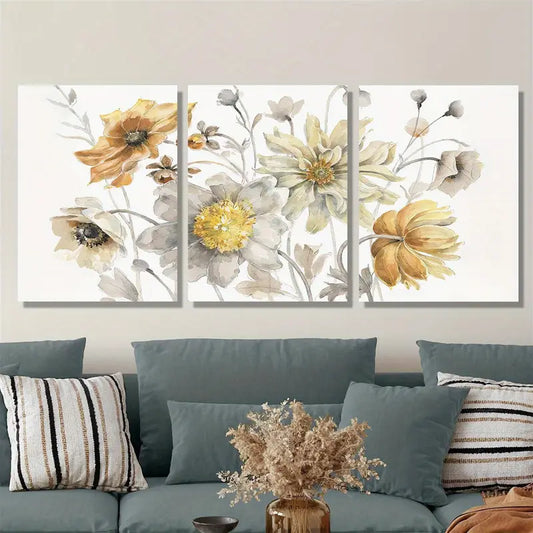 3pcs Watercolor Golden Field Flowers Botanical Metal Print Ready to Hang Art