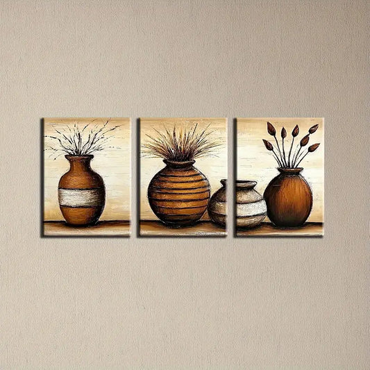 3pcs Elegant Plant Vase Classic Floral & Foliage Design Metal Print Ready to Hang Art