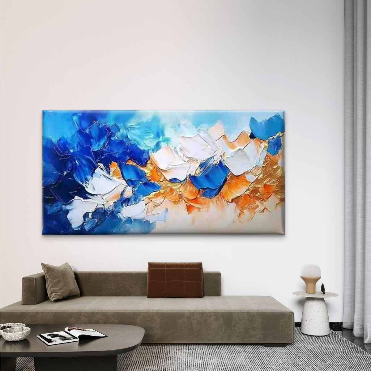 Blue & Orange Dynamic Brushstro Wall Art Canvas Office Home Room Framed 80x45cm