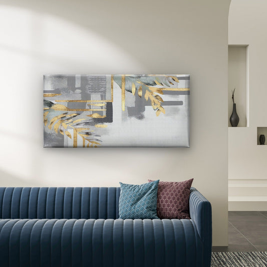 Grey Gold Foil Abstract Palm Leaf Wall Art Canvas Office Home Framed 80x45cm
