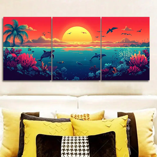 3pcs Sunset Over the Ocean Metal Print Ready to Hang Art