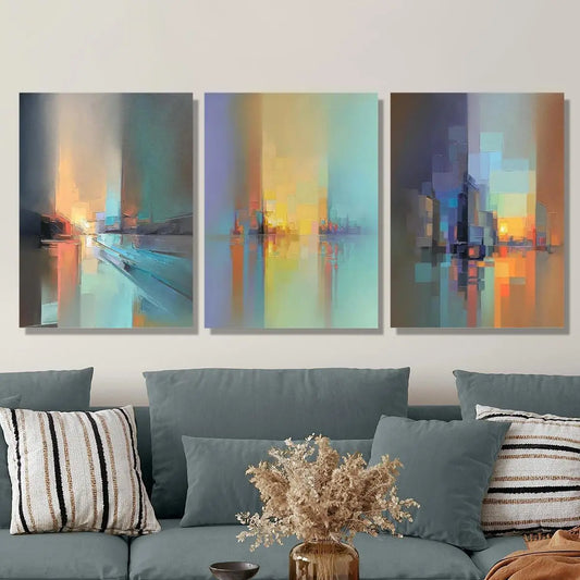 3pcs Colorful City skyline abstract oil painting Metal Print Ready to Hang Art