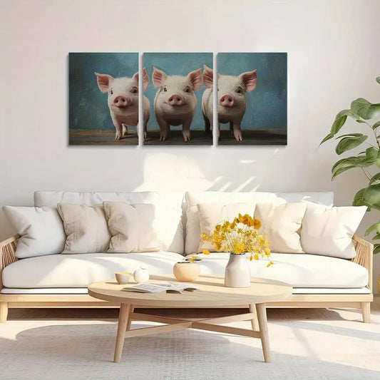 3pcs Whimsical Pink Pigs on a Blue Textured Backdrop Metal Print Ready to Hang Art