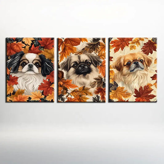 3pcs Pekingese Dog Autumn Leaves Elegant Design Metal Print Ready to Hang Art