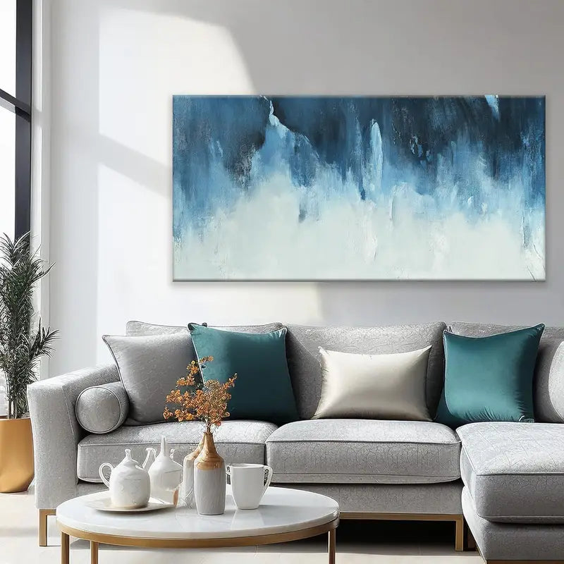 Modern Abstract White & Blue Wall Art canvas office home room framed 80x45cm