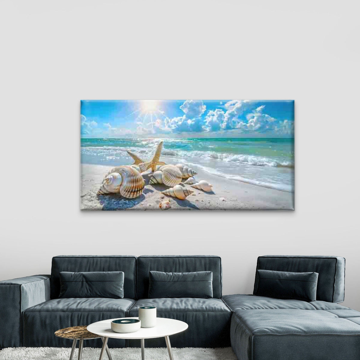 Seashells on Beach with Ocean Wall Art Canvas Office Home Room Framed 120x60cm