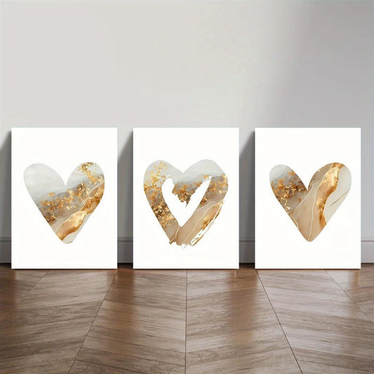 3pcs Beige And Golden Theme, Heart Motifs, Golden Accents Metal Print Ready to Hang Art