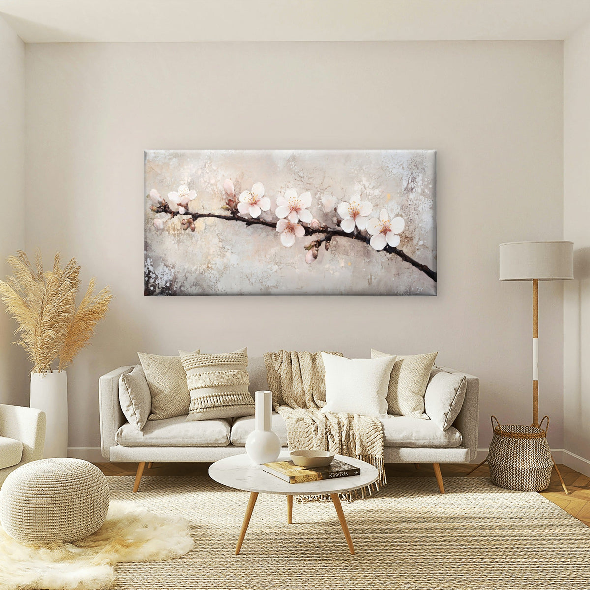 White Plum Blossom Branch Wall Art Canvas Office Home Room Framed 80x45cm